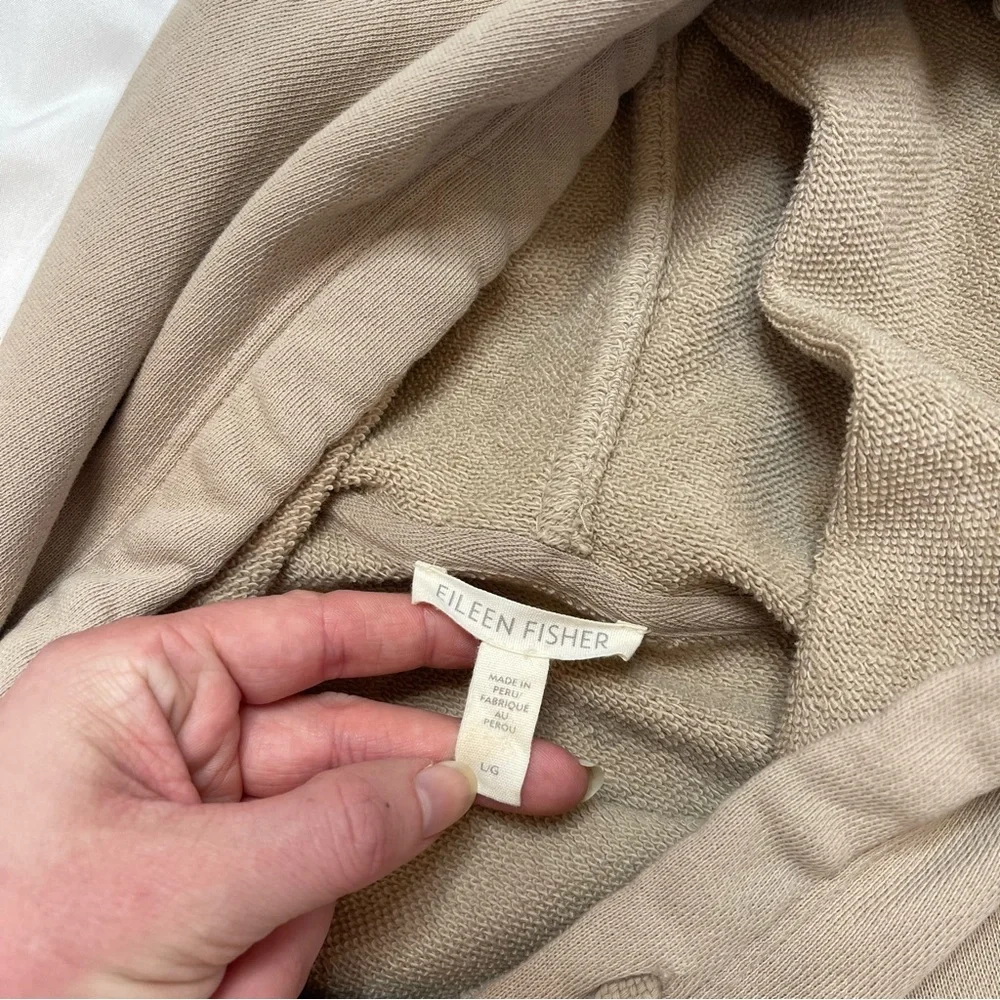 Eileen Fisher Organic Cotton Cropped Khaki Tan Raw Hem Lounge Hoodie Sweatshirt